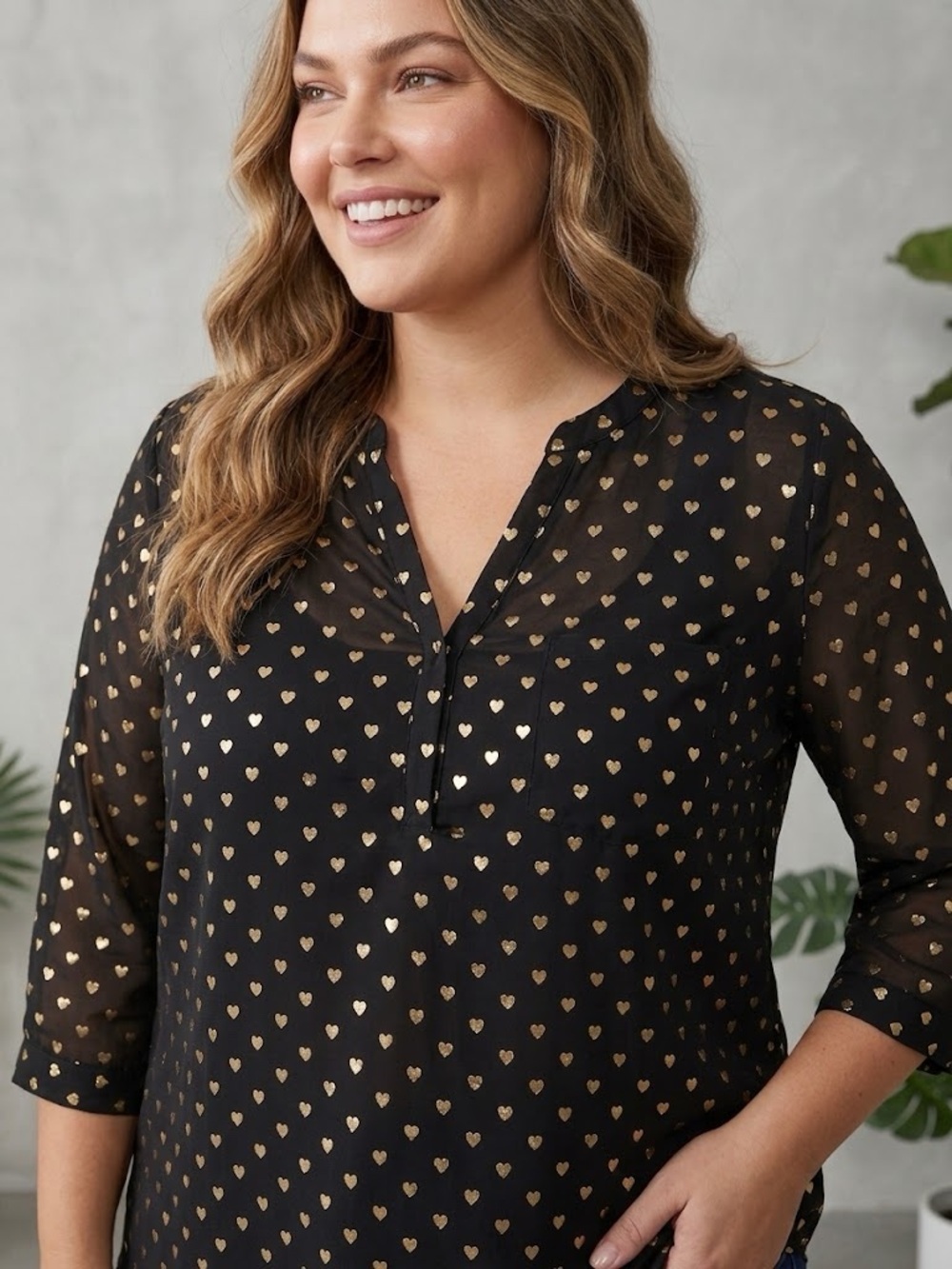 Torrid Black & Gold Metallic Foil Heart Chiffon Blouse